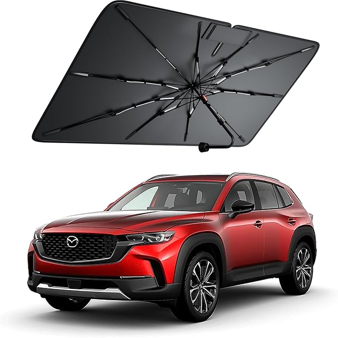 Windshield Sun Shade for Mazda CX-50/90 2023–2026, Foldable Umbrella Sunshade with 100% UV Block, Multi-Layer Heat Insulation, Reinforced 10-Rib Frame, Keeps Car Cooler, Summer Car Accessory