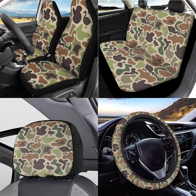 KEIAHUAN Duck Camo Hunting Car Seat Cover Full Set 11 Pieces Green Front & Back with Handbrake Cover Gear Shift Cover,Steering Wheel Cover,Stretchy Headrest Cover,Auto Cup Coasters Universal Fit