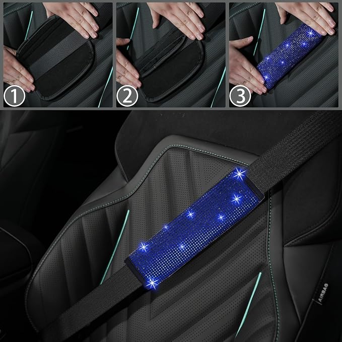 NBTEPEM 12 Pcs Bling Car Accessories Set for Women Car Floor Mats Full Set Steering Wheel Cover Seat Belt Covers Coasters Universal Fit Car SUV Truck Van Blue