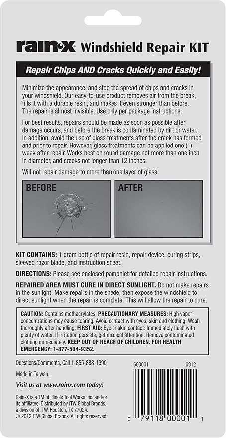 Rain-X 600001 Windshield Repair Kit - Quick and Easy Durable Resin Based Windshield Repair Kit for Chips and Cracks, Good for Round Damage Below 1" in Diameter and Cracks Smaller Than 12" in Length