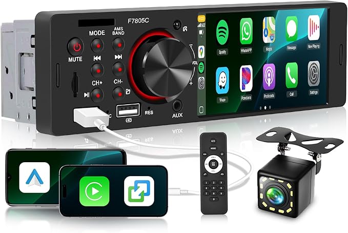 Car Stereo Single Din with Apple CarPlay, Android Auto, Sellrich 4-Inch IPS Touch Screen, Bluetooth 5.1, FM/RDS Radio,Head Unit with Mirror Link EQ USB/TF Card/Aux Ports Backup Camera