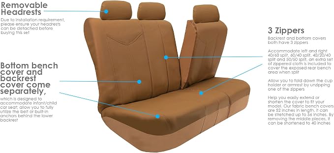 FH Group Automotive Seat Cover Protector Universal Fit Full Set Rome PU Leather Beige - Airbag Compatible and Split Bench Seat Covers for Cars Trucks SUV Combo Vinyl Floor Mats Interior Accessories