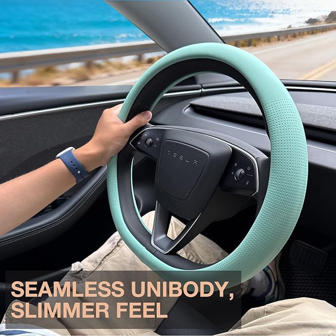 PINCTROT Nappa Leather Steering Wheel Cover for Tesla Model Y/3 Highland/Juniper, D Shaped 14 Inch Small Sized with Breathable Perforation, Fit Like Gloves, Flat Bottom 14 Inch(Nappa Mint)