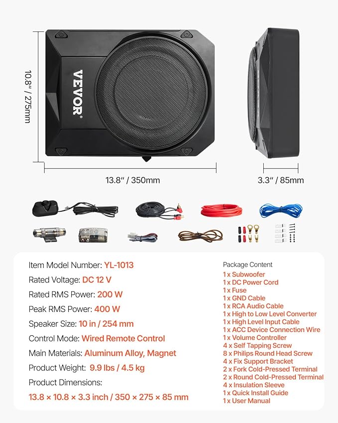 VEVOR 10" 400W Underseat Car Subwoofer, Slim Powered Car Subwoofers Under The Seat, Low Profile Audio Sub Built-in Amplifier, High/Low Level Input & Volume Controller for SUVs, Car, Truck, RV
