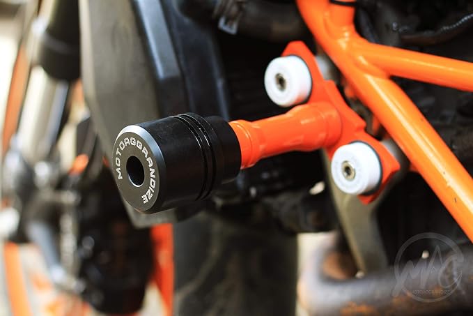 Motoaggrandize Frame Sliders | Crash Protectors for KTM Duke 125 | 160 | 200 | 250 | 390 [Gen 1 and Gen 2 only] | Colour: Orange | White
