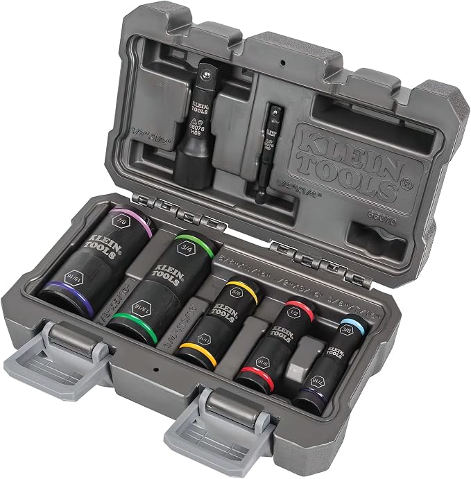 Klein Tools 66070 Impact Socket Set, Impact Driver Flip Socket, Five Sockets & 32933 Impact Driver, 7-in-1 Impact Flip Socket Set, 6 Hex Driver Sizes