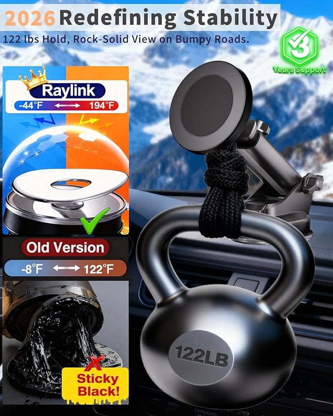 RayLink for Military-Grade Magnetic Car Mount【122+lbs Suction & 25lbs Magnet】 for MagSafe Phone Holder【3-in-1 Windshield+Vent+Dash】 Universal Cell Phone Holder for Car Truck SUV