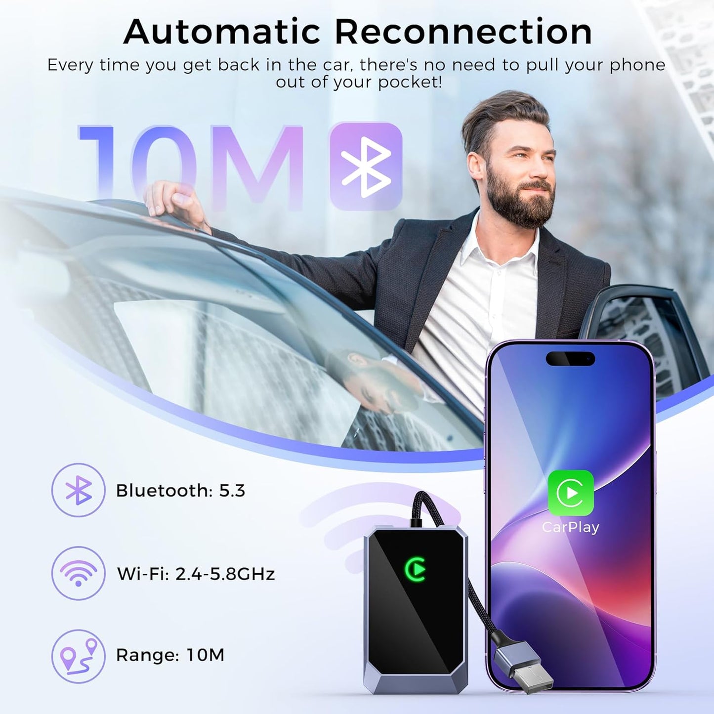 Wireless CarPlay Adapter for Apple iPhone, Convert Wired CarPlay to Wireless, Plug-and-Play, Stable Connection Compatible with OEM Wired CarPlay Vehicles & iOS 10+