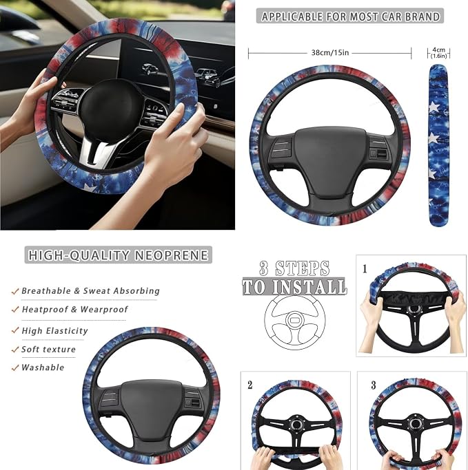 Patriotic Auto Interior Accessories USA Flag Car Seat Covers with Auto Steering Wheel Cover Seat Belt Covers Car Trash Can View Mirror Cover Coaster Keychains