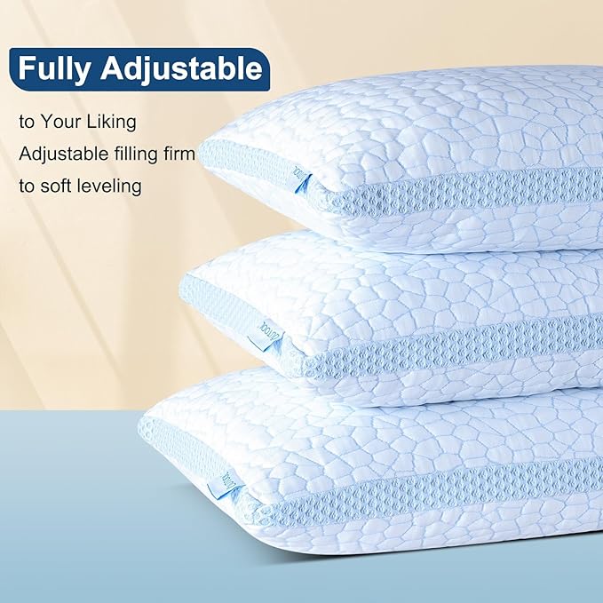 QUTOOL Enhanced Cooling Pillows for Sleeping, CertiPUR-US Shredded Memory Foam Pillows King Size Set of 2 for Hot Sleeper, Adjustable Bed Pillow for Side, Back, Stomach Sleepers Support Yet Soft, Blue