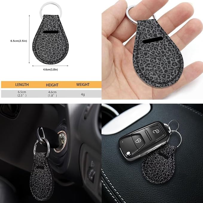POLERO Black Leopard Car Seat Covers 11Pcs Full Set Black Cheetah Steering Wheel Cover Black Animal Print Seatbelt Pads Cupholder Coasters with Keychains