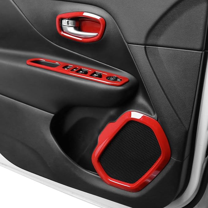 CheroCar 31 PCS Full Set Interior Decoration Trim Kit Steering Button Cover Door Handle Cover Air Outlet Cover Cup Holder Gear Cover Trim Door Speaker Cover for Jeep Renegade 2016-2018,Red