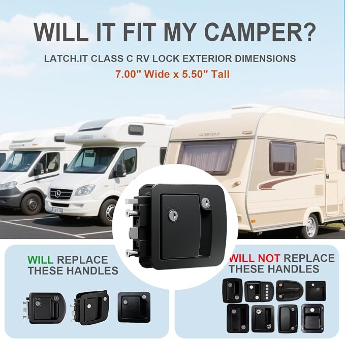 All-Metal RV Door Lock Replacement, Black Motorhome Door Latch Lock Fits 4.25" x 4.50" Opening for Class A and Class C RVs, Includes 4 Keys