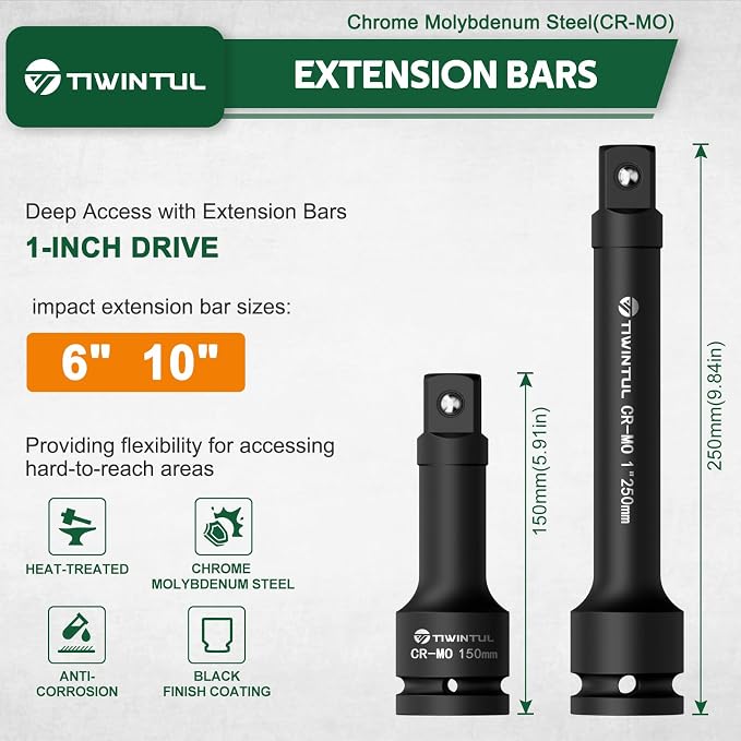 1 Inch Drive Impact Socket Set for Truck, Excavator & Construction Equipment Repair, 21-55mm Metric Heavy Duty CR-MO Socket Set, 18 Pcs with 24" Ratchet Wrench, Sliding T-Bar & Extension Bars