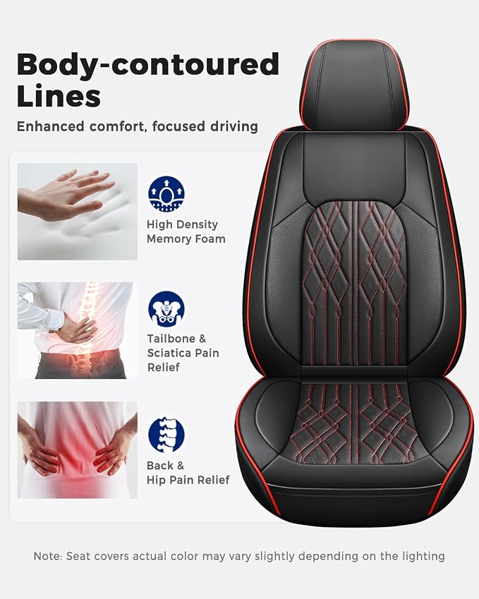 Huidasource Car Seat Covers Full Set, Leather Seat Cover Universal Fit for Most Cars Sedans SUVs Trucks, Airbag Compatible, Cup Holder Access, Easy Install, Wipes Clean, Wear-Resistant, Black&Red