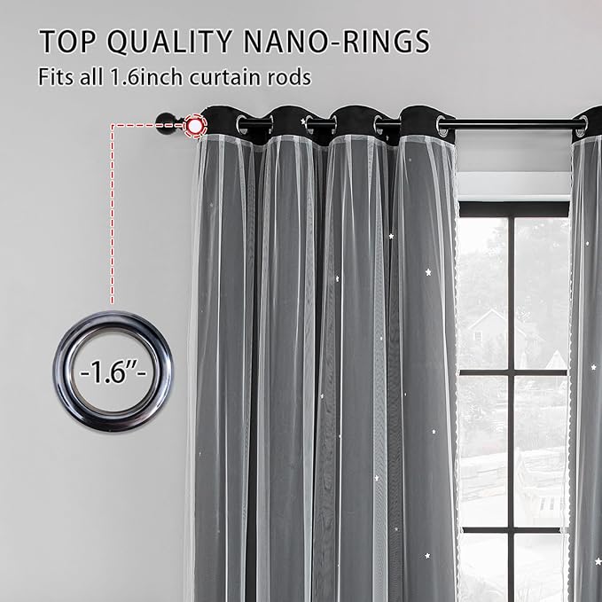 XiDi Black Curtains for Bedroom 63 Inches Long Hollow Star Curtains Blackout Modern Luxury Unicorn Decor for Kids Girls Room Black Out Drapes for Living Room 2 Panels 34x63