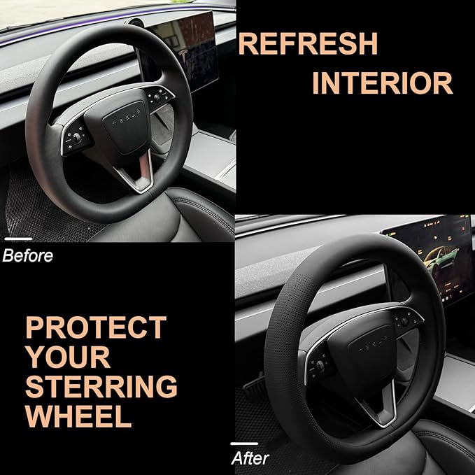 PINCTROT Nappa Leather Steering Wheel Cover for Tesla Model Y/3 Highland/Juniper, D Shaped 14 Inch Small Sized with Breathable Perforation, Fit Like Gloves, Flat Bottom 14 Inch(Nappa Black)