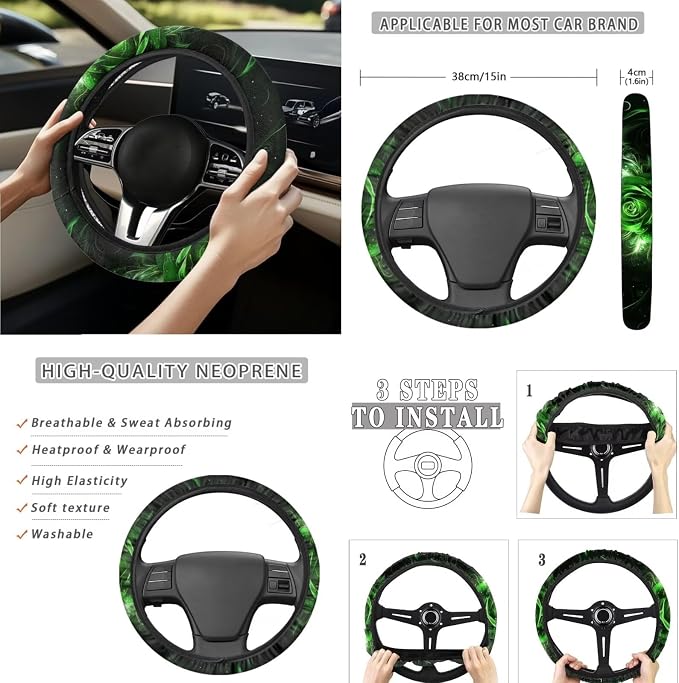 Green Rose Car Seat Covers Full Set for Women Cute Car Accessories Interior Car Steering Wheel Cover Seatbelt Covers Trash Bin Rear View Mirror Cover Cup Holders Keychain