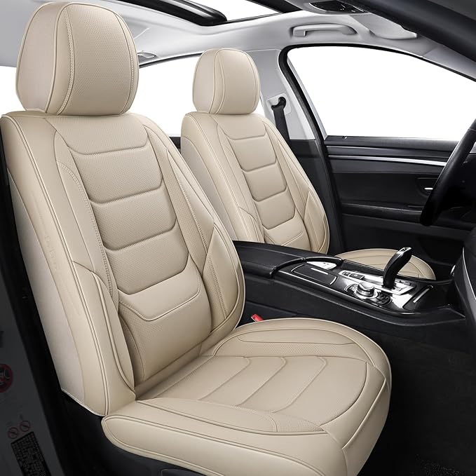 Leather Front Car Seat Covers Breathable Seat Covers Waterproof Seat Protectors Universal Fit for Most Automotive Cars SUV Trucks Van (Beige, Front Pair)