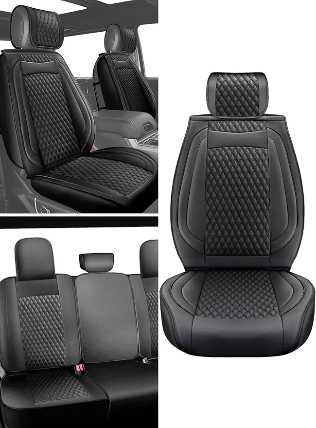 Octomo Custom Leather Seat Cover Full Set Compatible with Toyota Tacoma 2009 to 2024 TRD Sport Off Road TRD Pro Limited SR SR5 Package Access Double Extended Cab Pickup Truck (5 Pcs, Black)