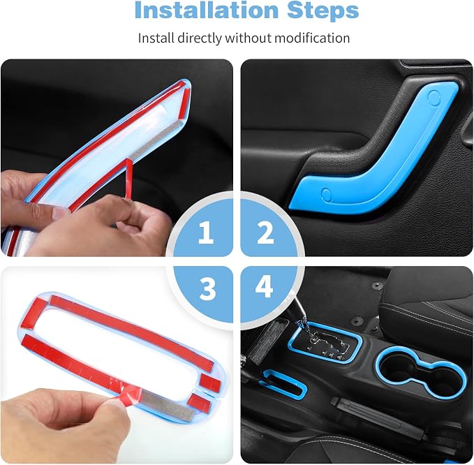 CheroCar 18PCS Interior Trim Kit for Jeep Wrangler JK JKU 2011-2018 4 Door,Steering Button Frame, Air Conditioning Vent Trim Cup Holder Cover,Gear Shift Knobs Frame,Ligth Blue…