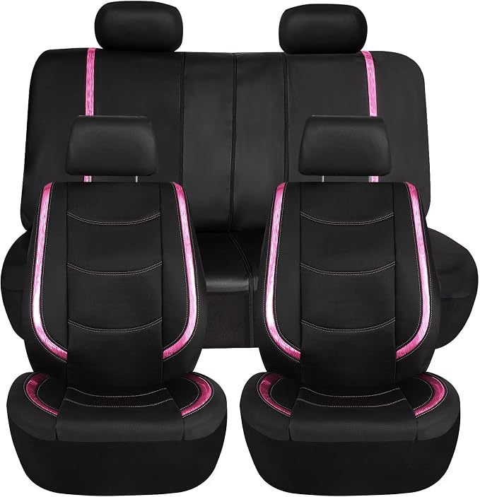 FH Group Galaxy13 Metallic Striped Deluxe Leatherette Car Seat Covers with Matching Carpet Floor Mats – Full Set, Universal Fit, Airbag Compatible for Cars, SUVs & Sedans, Pink