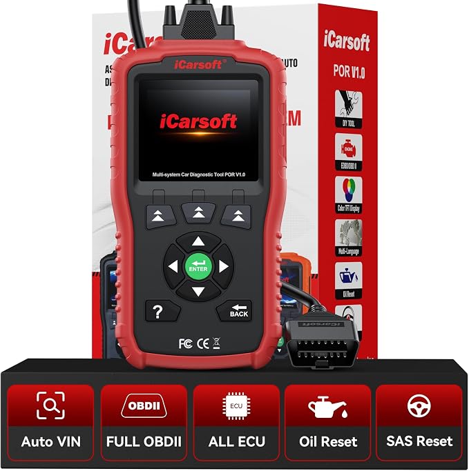 iCarsoft POR V1.0 for All System Diagnostic Tool Porsche 1996-2025 Oil/SAS Reset Battery Test 10 OBD2/EOBD Modes CAN FD Car Scan Code Reader/DTC/Live Data/Freeze Frame Lifetime Free Update Scanner