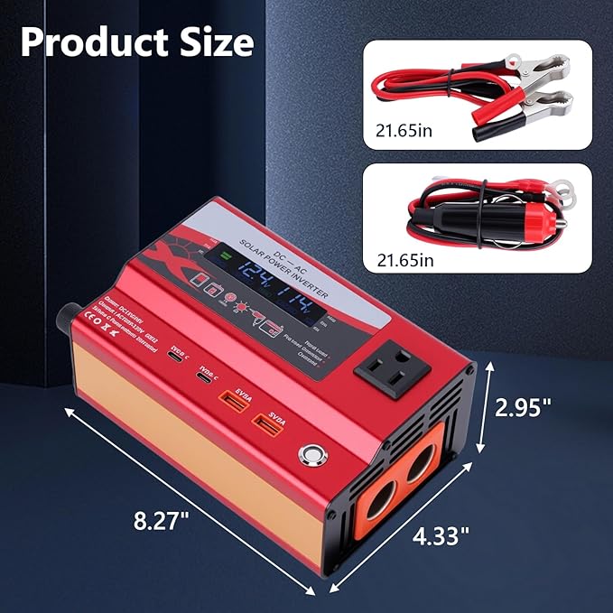 600W Car Power Inverter, 12V/24V Car Plug Adapter Outlet Converter with Dual Type C, Dual USB Dual, Dual Cigar Lighter, Single AC Outlet for Cars Trucks US Plug (Red)