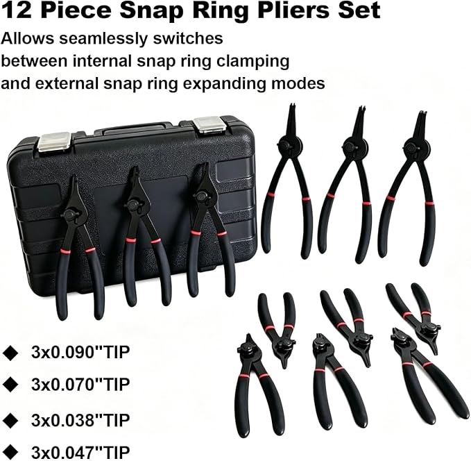 12Pcs Snap Ring Pliers Set, Straight 45 degree 90 degree Jaw Tips | Heavy Duty Internal & External Circlip Pliers, Retaining Snap Ring Pliers set, for 0.038in,0.04in, 0.07in, 0.09in