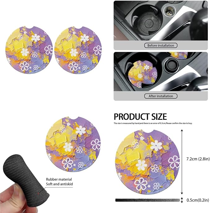Daisy 13 Pcs Car Seat Covers, Flower Relief Print Universal Driver Seat Cover Protector Armrest Pad, Purple Yellow Floral Steering Wheel Armrest Cover Seatbelt Cup Mats