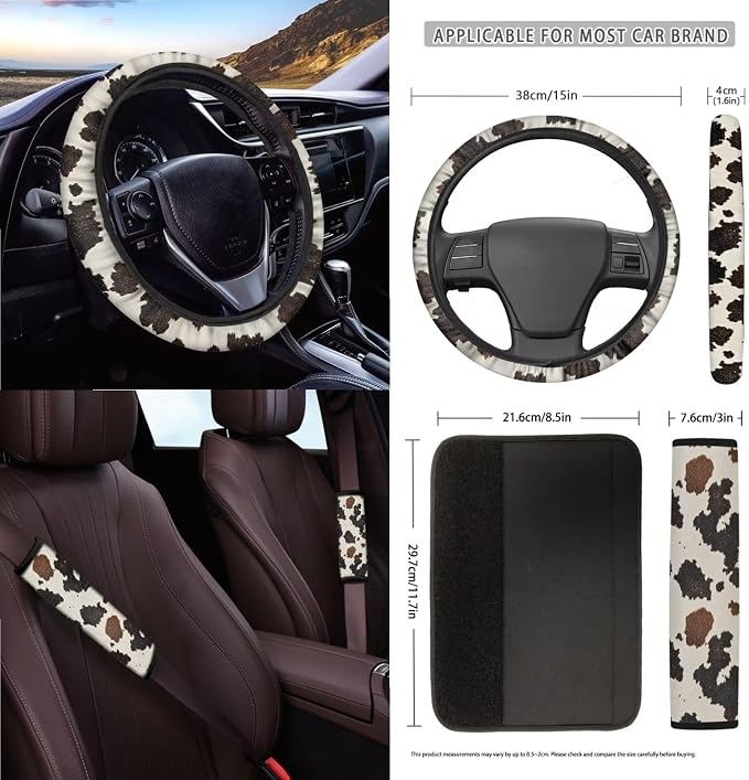 Cow Pattern Car Accessories Set of 15 Car Seat Cover Full Set with Steering Wheel Cover Car Trash Can Coasters Air Vent Storage Bag Seatbelt Cover Rearview Mirror Cover