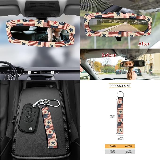 Wanyint Car Seat Cover Set 15 Pack, with Steering Wheel Seat Belt Strap Rearview Mirror Cover Garbage Cans Air Vent Pouch Coasters Keychain July 4th Patriotic Auto Decor, Vintage US Flag Patchwork