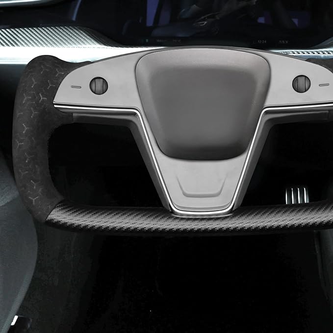 MEWANT DIY Matte PU Carbon Fiber Geom Embossed Athsuede Steering Wheel Cover for Tesla Yoke Model S 2021-2023 Model X