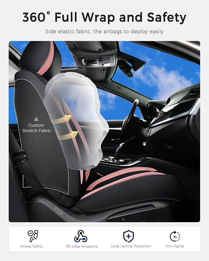 Huidasource Front Seat Cover, Nappa Leather Front Car Seat Covers with Lumbar Support, Ventilation Holes, Elastic Fabric, Airbag, Full-Coverage Seat Cover, Fit for Most Cars SUV Trucks, Black＆ Pink