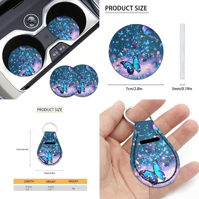 Xoenoiee Blue Sparkling Butterfly Print 11 Pieces Car Accessories Set, Front and Back Car Seat Covers Set, Steering Wheel Cover Car Coasters, Seat Belt Pads, Key Chain for Car Decoration