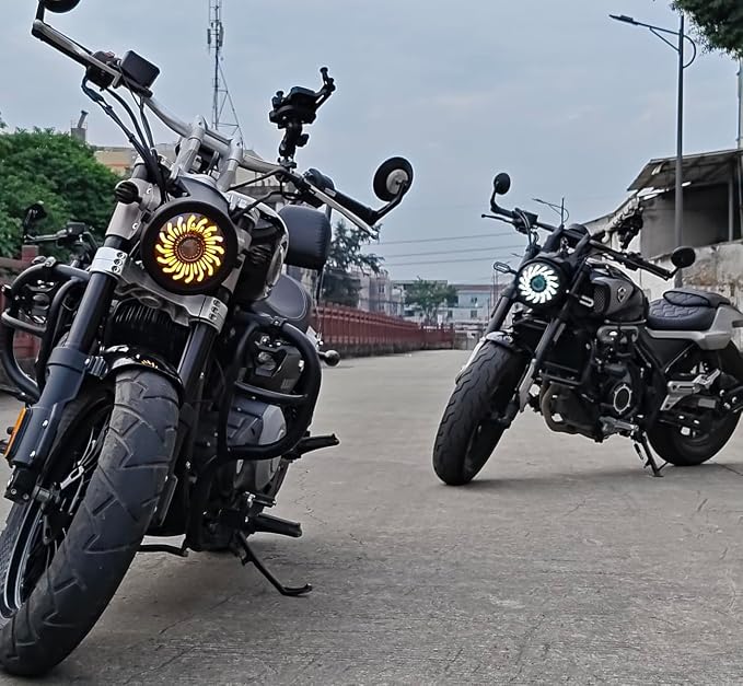 5.75inch 5-3/4 Black Animated Motorcycle Headlight Whirlwind White/Amber DRL Start-up Gradient Welcome Halo Light for Indian Scout Dyna Wide Glide XL1200 XG750 883 48 Night Road