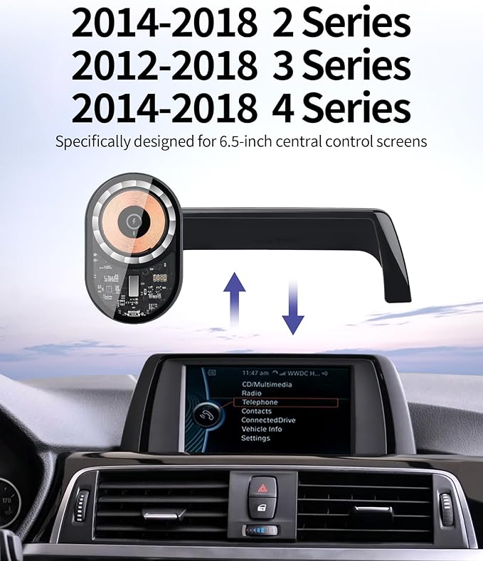 Wireless Charging Car Phone Holder for BMW 3 Series 2012-2018/2 Series/4 Series 2014-2018, 6.5" Screen Fixed Clip, 360° Rotation Car Phone Mount Compatible with MagSafe