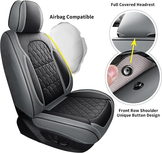 Aierxuan Car Seat Covers Full Set, Waterproof Leather Universal Fit Toyota Corolla Avalon Highlander Kia K5 Optima Rio Forte Selto Ford Ecosport Bronco Maverick Ranger, Black-Grey