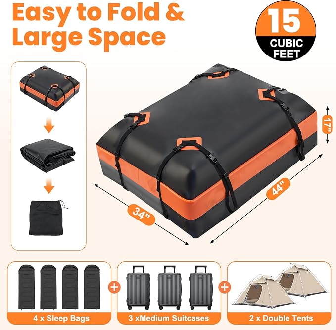 DUMOS Car Rooftop Cargo Carrier 15 Cubic Feet, Car Roof Waterproof PVC Bag | with Anti-Slip Mat, Combination Luggage Lock, Reinforced Straps & Door Hooks, Fit Vehicles with/without Roof Racks