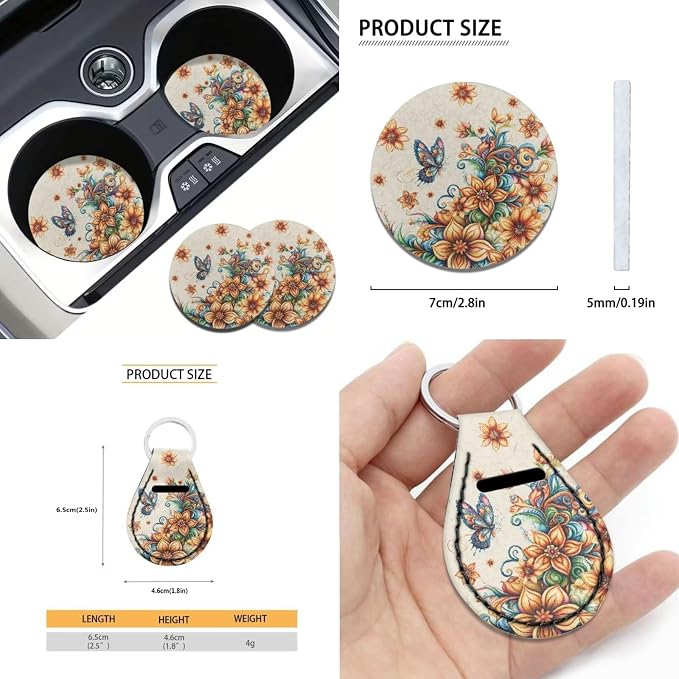 Xoenoiee Butterfly Bohemian Mandala Print 11 Pcs Car Accessories Seat Cover Full Set, Steering Wheel Cover, Front & Rear Seat Cover, Seat Belt Pads, Cup Coaster, Key Chains - Universal Fit