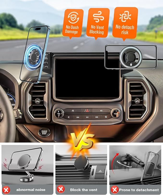 Magnetic Car Phone Mount for Ford Bronco Sport 2021-2024 Accessories, for MagSafe Strong Magnets Cell Phone Holder 8-Inch Touch Screen Cradles, with Portable Phone Gripper 360° Rotation