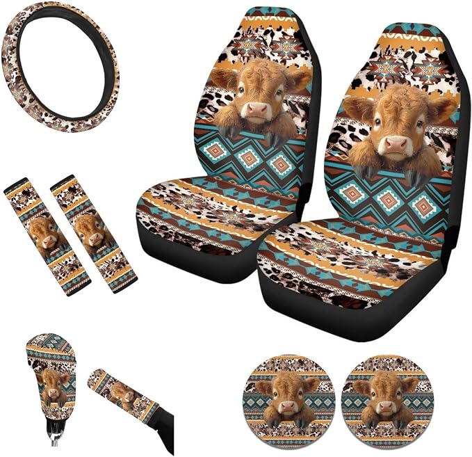 Tupalatus 9 Pcs Aztec Cow Cute Car Seat Covers with Steering Wheel Cover Auto Seat Belt Cover Coasters Gear Shift Cover Hand Brake Cover Car Accessories Set for Men Women