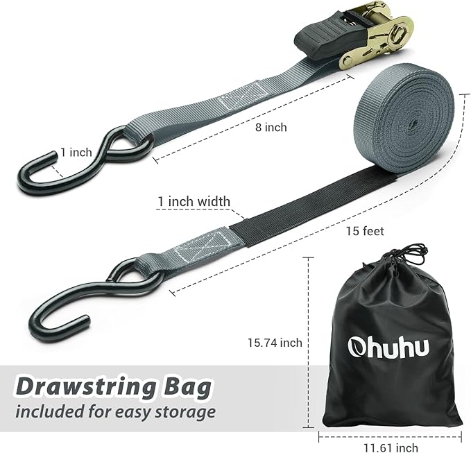 Ohuhu Ratchet Tie Down Strap 15 Ft - 500 lbs Load Cap with 1500 lbs Breaking Limit, Ratchet Tie Downs Logistic Cargo Straps for Moving Appliances, Motorcycle (Grey, 8-Pack)