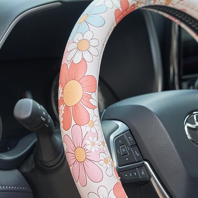 Retro Floral Daisy Colorful Flowers Car Leather Steering Wheel Cover - 15-inch Universal Microfiber- Soft & Breathable & Silicone Anti Slip Auto Steering Wheel Wrap for Women