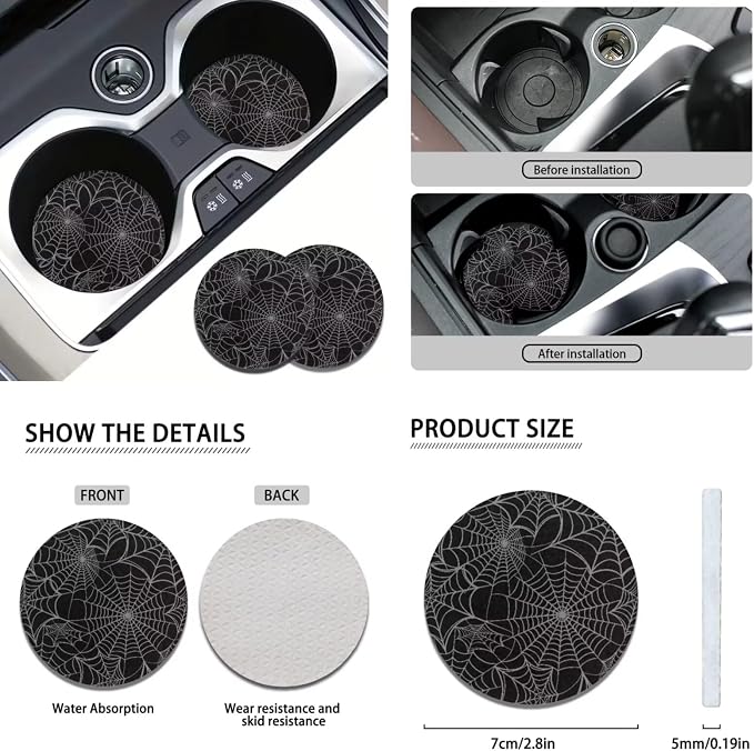 KEIAHUAN Black Spider Web Car Seat Covers for Women Men with Gear Shift Knob Cover&Handbrake Cover Steering Wheel Cover Headrest Cover Coasters Full Set of 11pcs Universal Fits for SUV Truck Sedan