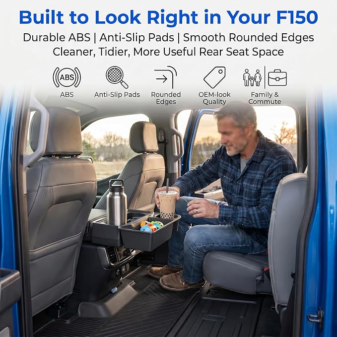 Rear Console Cup Holder Fits for 2021-2026 Ford F150 Bucket Seats Behind Armrest Tray Console Organizer Rear Cup Insert Compatible with F150 Interior Accessories Back Center Console Storage