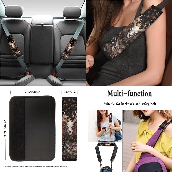 Deer American Flag Maple Leaf Pattern 13 Pieces Car Accessories Set, Non Slip Car Front and Rear Seat Cover Pack of 4, 1 PCS Steering Wheel Cover, 4 PCS Seat Belt Cover Pad，4 PCS Cup Coasters