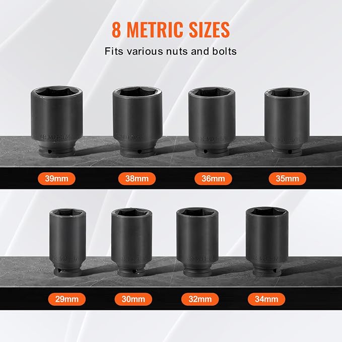 VEVOR Axle Nut Impact Socket Set, 1/2" Drive Deep 12-Point 8-Piece Metric Spindle Socket Set, CR-MO Heat Treated Large Socket Set with Storage Case, Auto Repair, Removing or Installing Axle Nuts