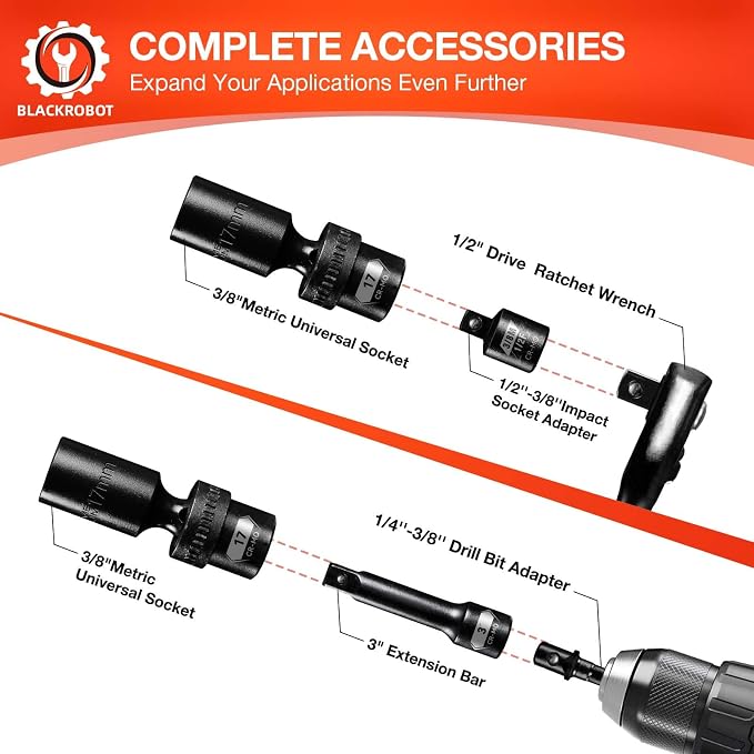 BLACKROBOT 3/8" Drive Swivel Socket Set, 14 Pieces Deep Universal Impact Socket Set, Metric(10-19mm) Flexible Wobble Socket Set, 6 Point, CR-MO, 3", 6" Extension Bars, Socket Adapter