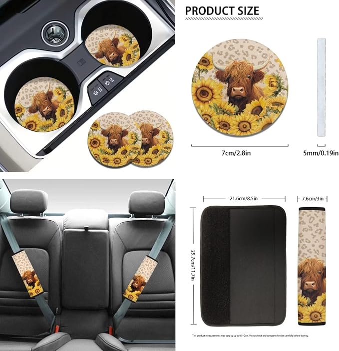 Highland Cow Sunflower Seat Cover for Car,12 Pack Auto Front Back Seat Covers Interior Protection with Auto Steering Wheel Cover Safety Seatbelt Pads Keychain for All Cars SUV Truck